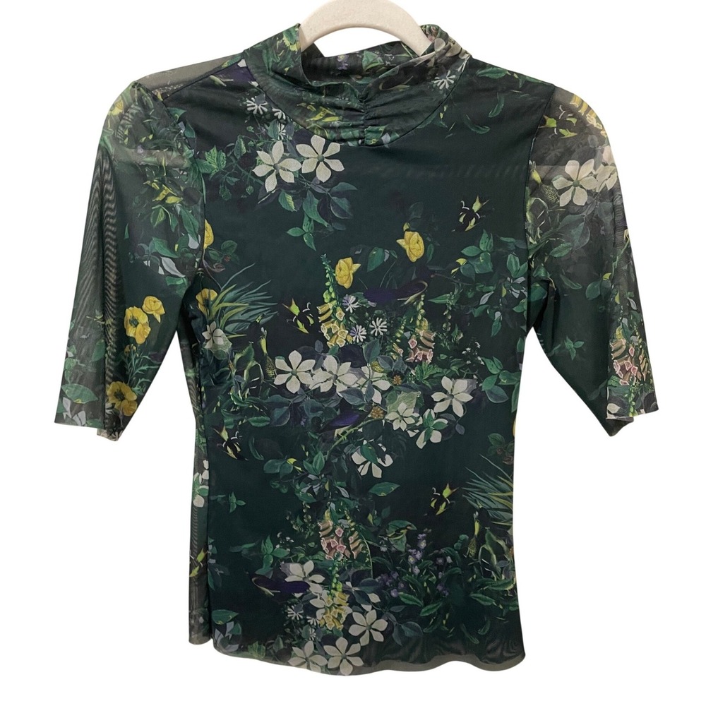 Ted Baker Size 1 XS 2/4 GORGEE Floral Mesh Mock Neck Short Sleeve Top